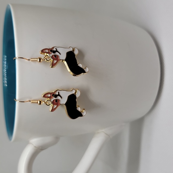 Corgi Dog Dangle Earrings Enamel 1.77 Inch Drop Fish Hook White Black Tan New - Picture 4 of 8